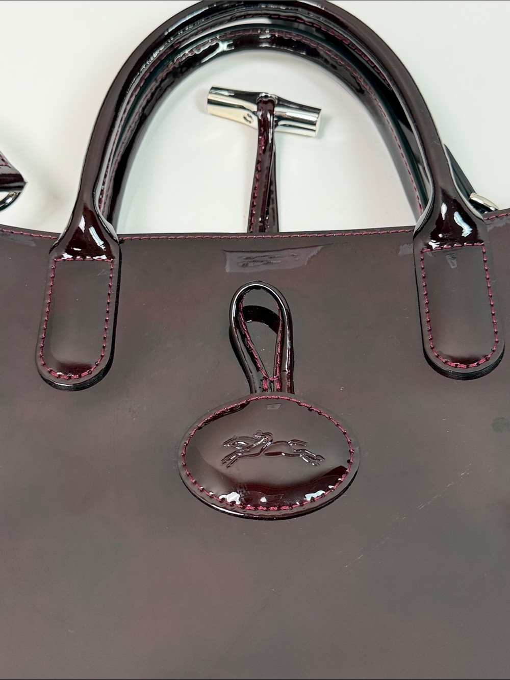 Longchamp Roseau Burgundy Patent Leather Tote Bag Designer Classic Luxury Purse - Picture 6 of 12